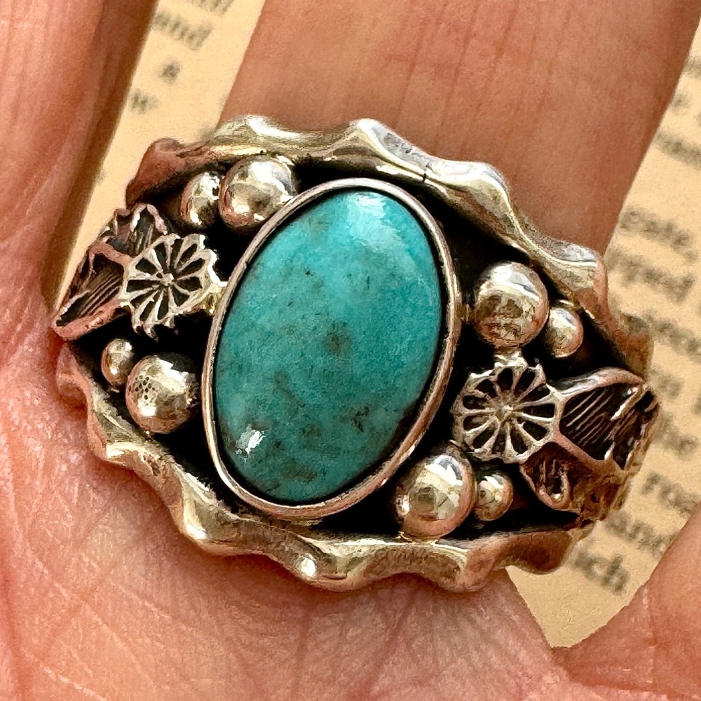 Navajo Eagle Feather Mens Band Sz 12 Ring Turquoise Sterling Morgan Native Amer